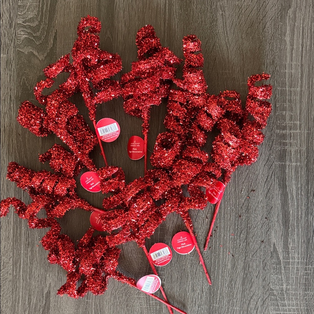 Red Glitter Curly Pick Stems — Set of 9